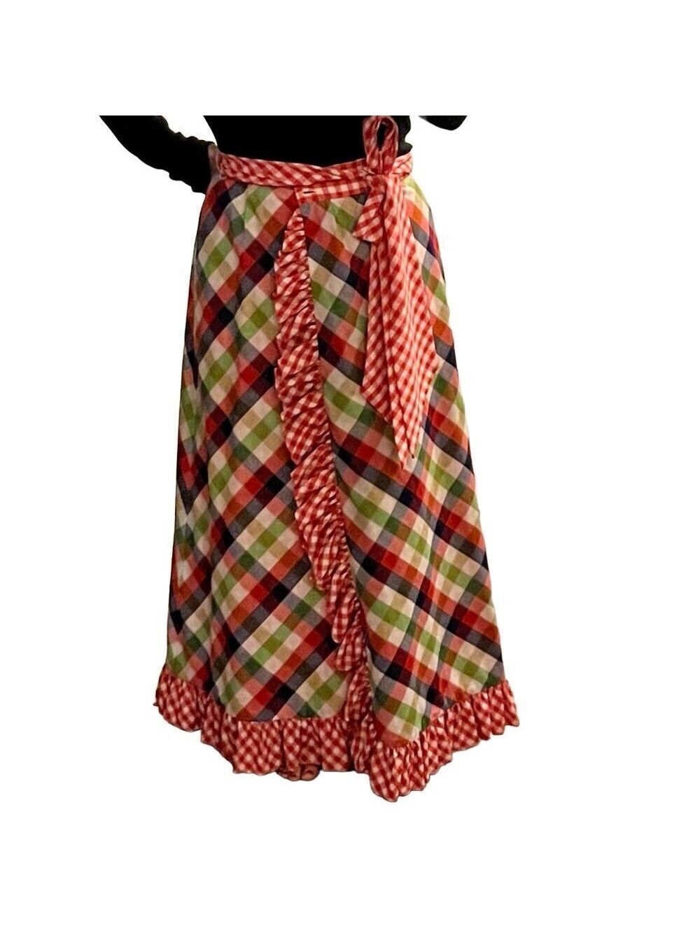 Vtg 70s RedβGingham Plaid Reversible High Waist Ruffle Wrap Full Maxi Skirt L